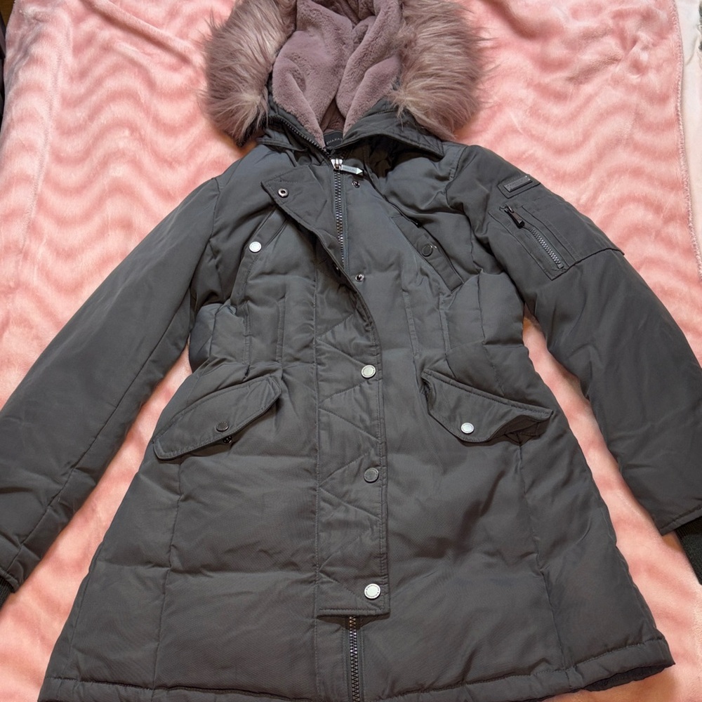 BCBGMaxAzria Heavy Charcoal Parka Puffer Coat w/ Mauve Faux Fur Hood